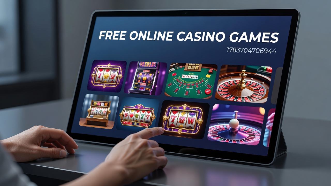 Players engaging with free online casino games on various devices including slots and table games