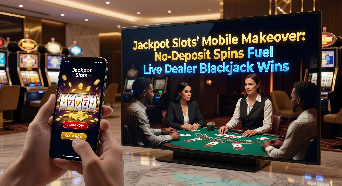 Vibrant mobile screen displaying jackpot slot reels spinning with no-deposit bonus notifications and live dealer blackjack tables in the background