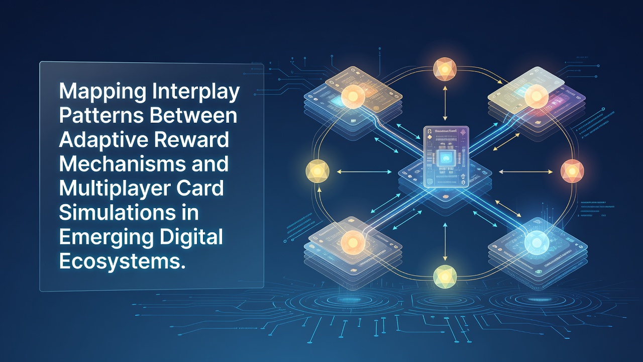 Digital interface showing interconnected nodes representing reward algorithms and card game simulations in a virtual ecosystem