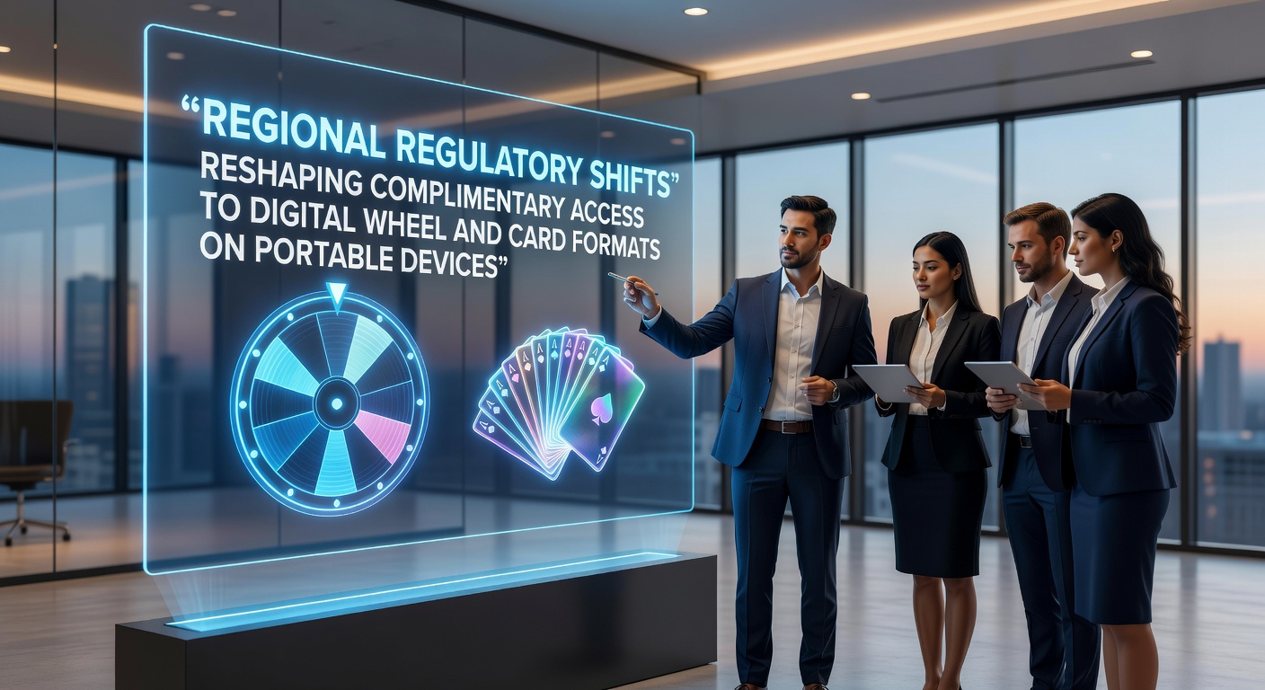 Regulatory documents and mobile devices showing digital wheel and card game interfaces